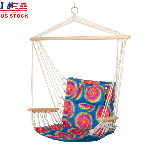 Hammock Chair with Pillow Wooden Arms Foldable Indoor Outdoor 275 lbs