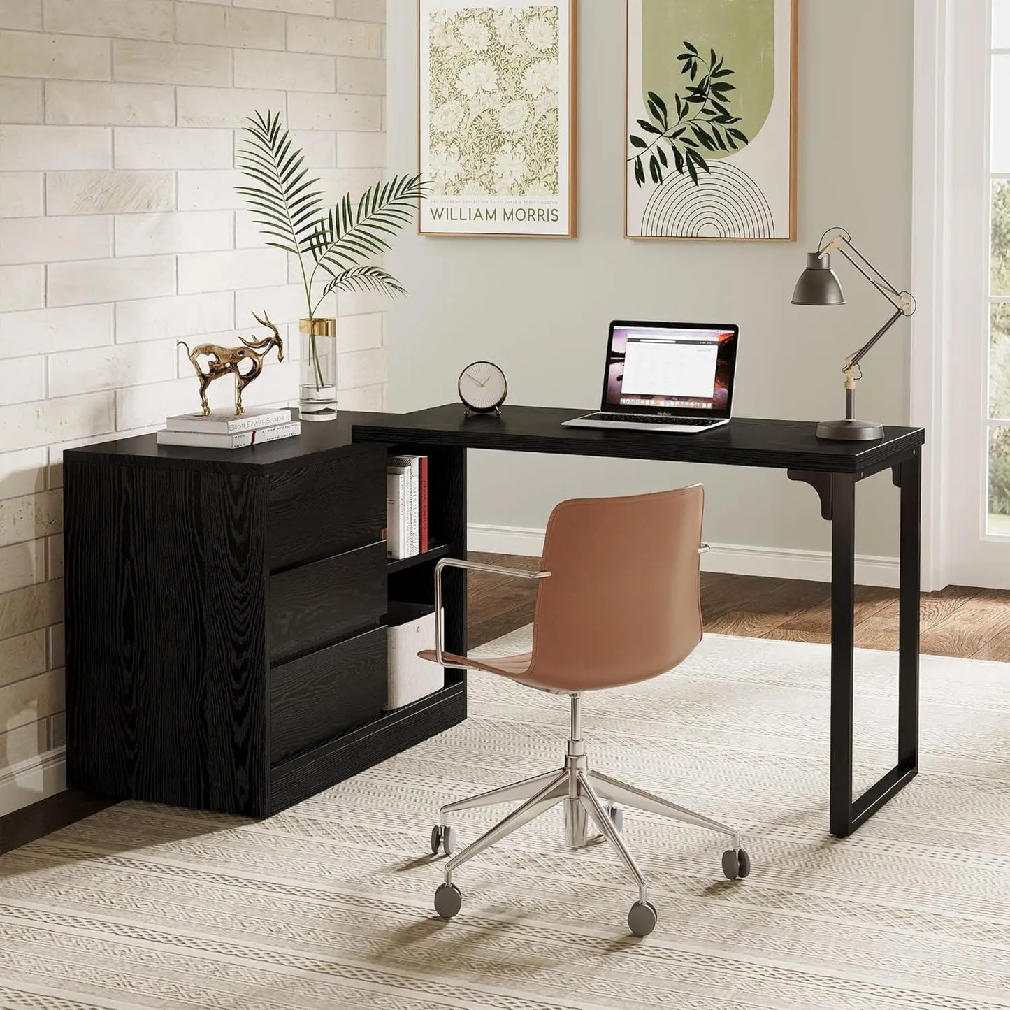 L-Shaped Computer Desk with Drawers Shelves Reversible Corner Office Desk