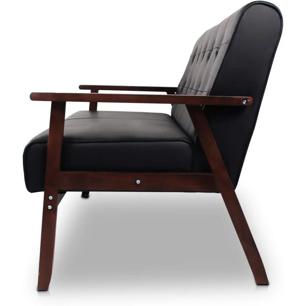 Mid-Century Faux Leather 2-Seater Loveseat Sofa Black Wood Frame Couch Apartment