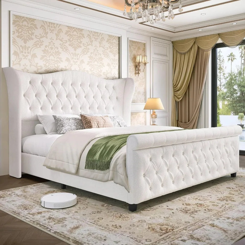 King Size Chenille Upholstered Sleigh Bed Frame with Wingback Headboard