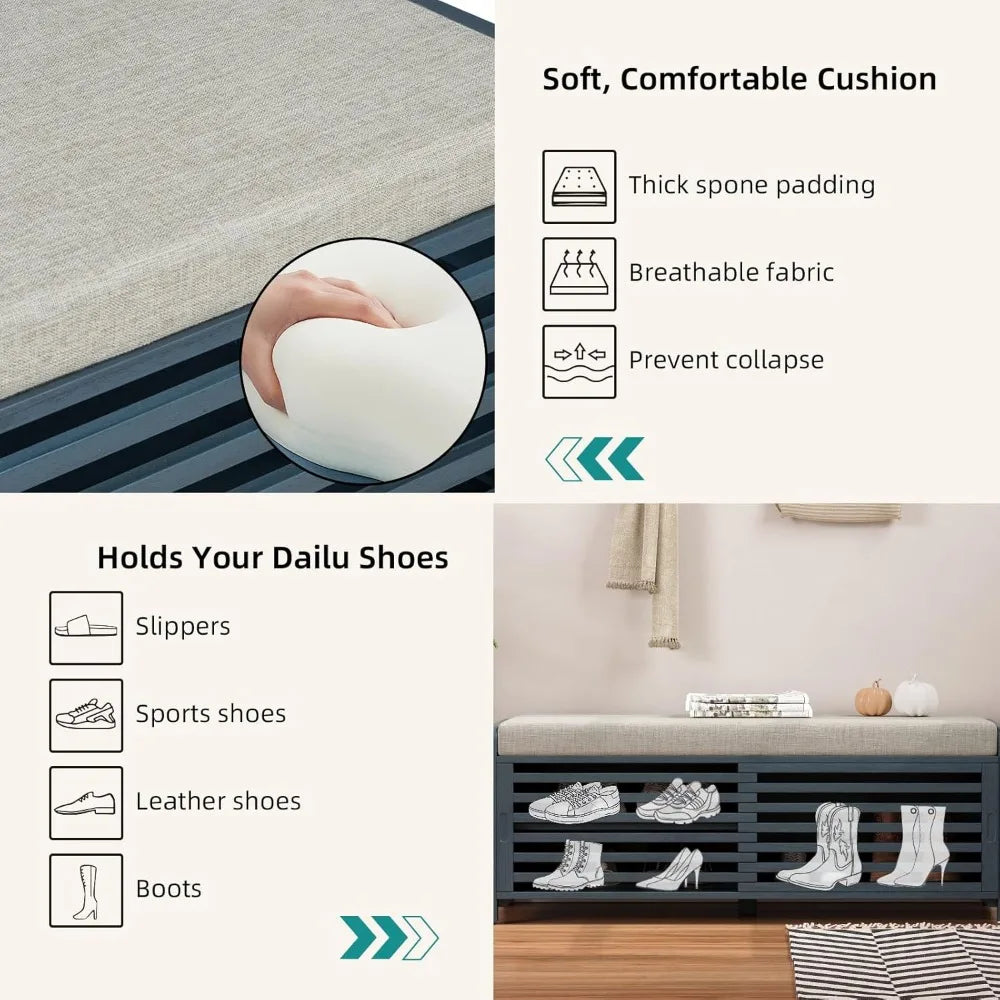 Ljustra Shoe Bench 2-Tier Entryway Storage Seat Cushion Acacia Wood