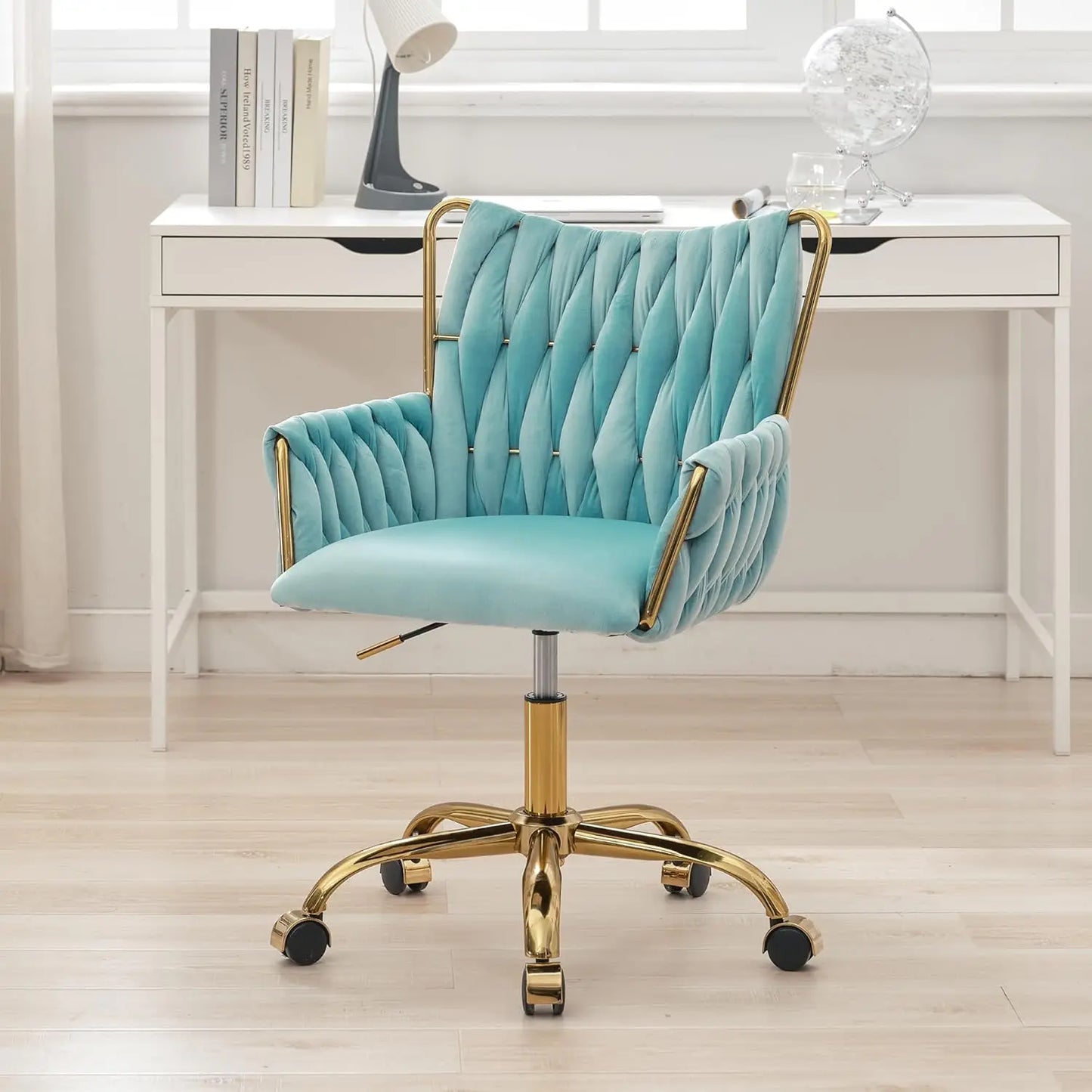 Office Desk Chair No Wheels Woven Velvet Vanity Chair Gold Metal Legs