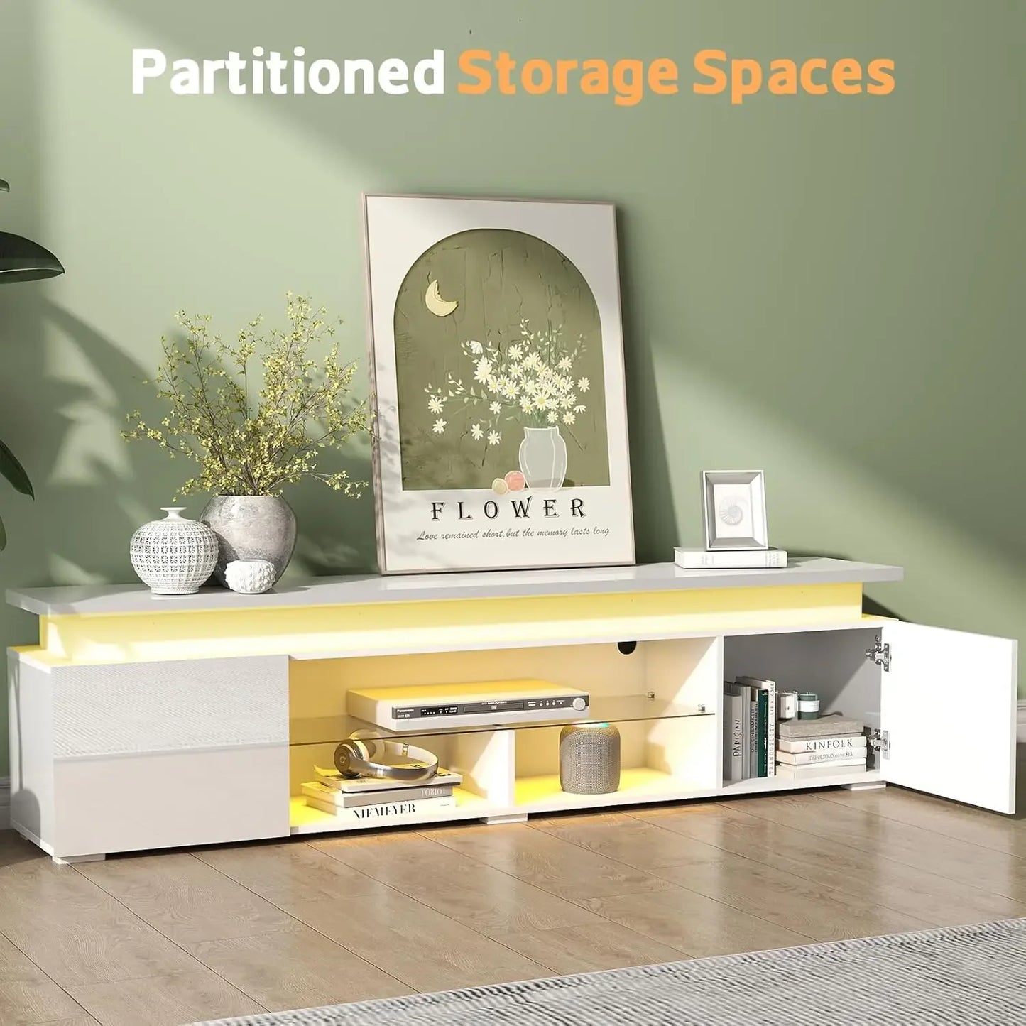 Sturdy Modern TV Stand for 85 Inch TVs with LED Lights and Power Outlet