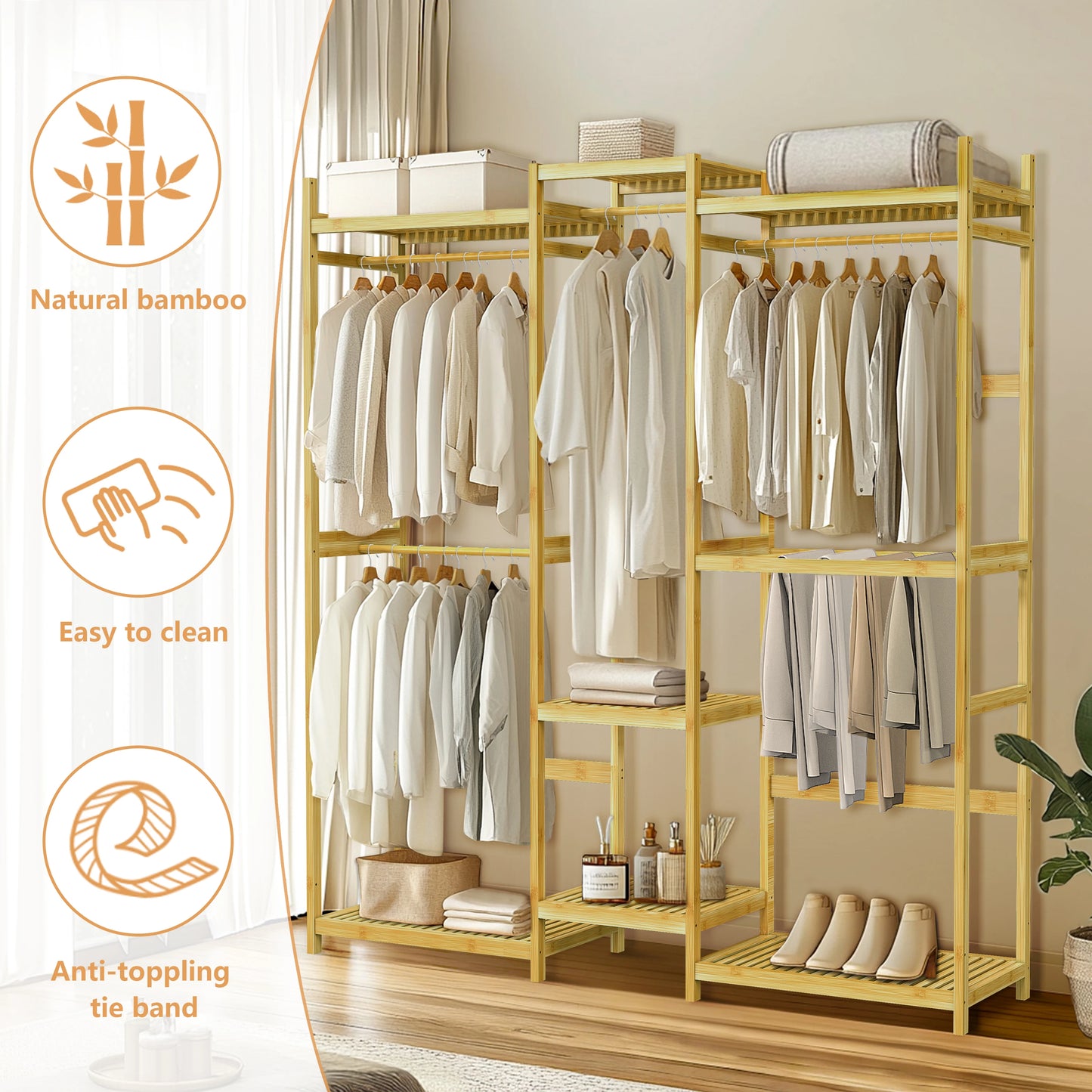 Bamboo Clothes Rack Stand Organizer Multifunctional Garment Rack