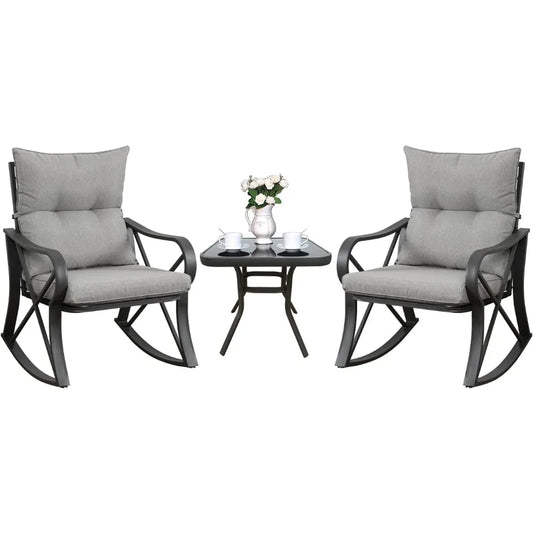 3 Piece Bistro Set Patio Rocking Chairs Glass-Top Table Outdoor Furniture