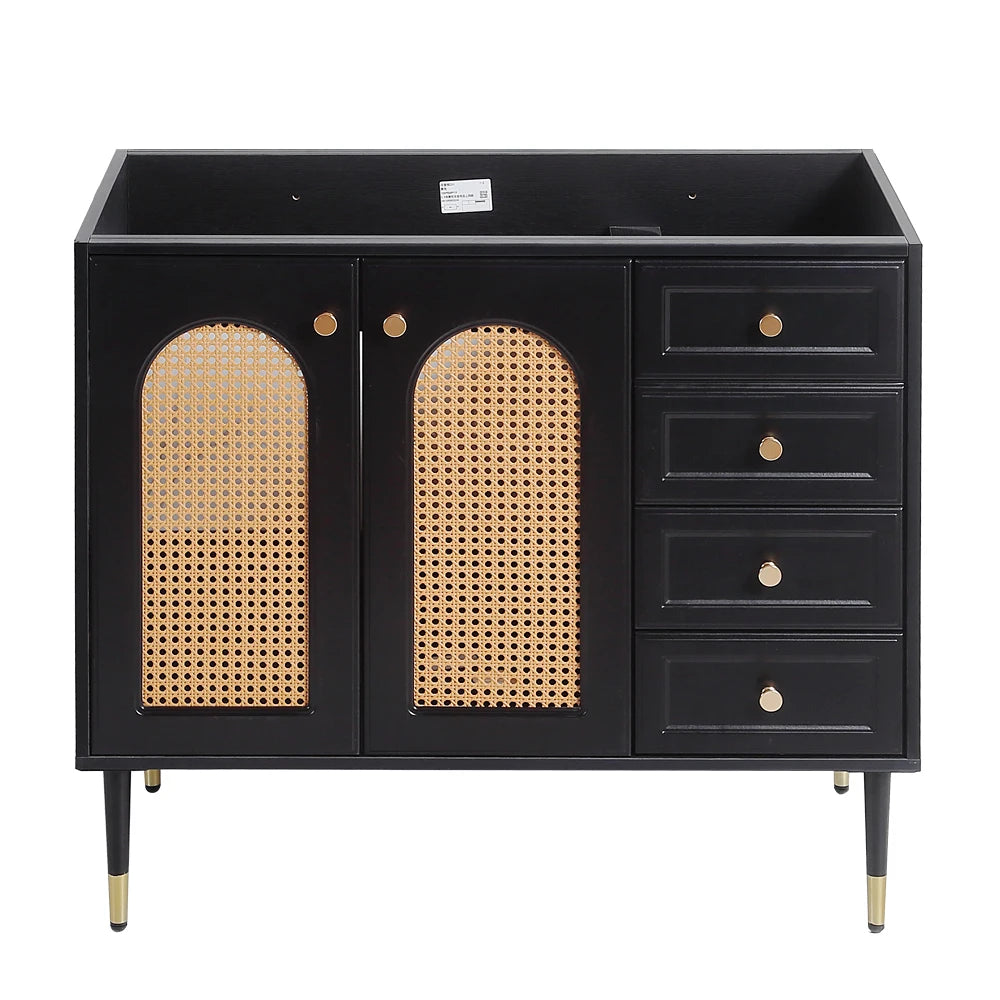 36 Inch Bathroom Vanity with Ceramic Basin Rattan Storage Cabinet