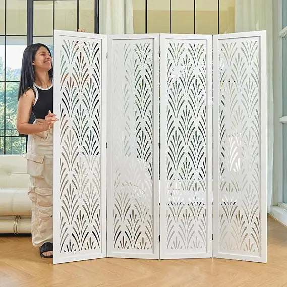 5.6Ft Room Divider Folding Wood Carved Partition Screen 4 Panels