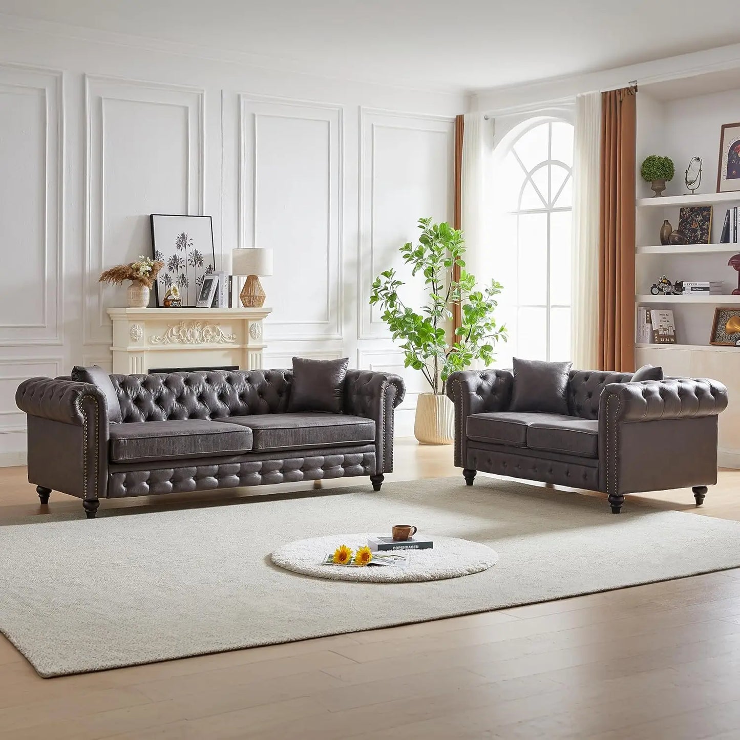 Ljustra Rolled Arm 3-Seater Sofa Couch with Nailhead Trim and Pillows