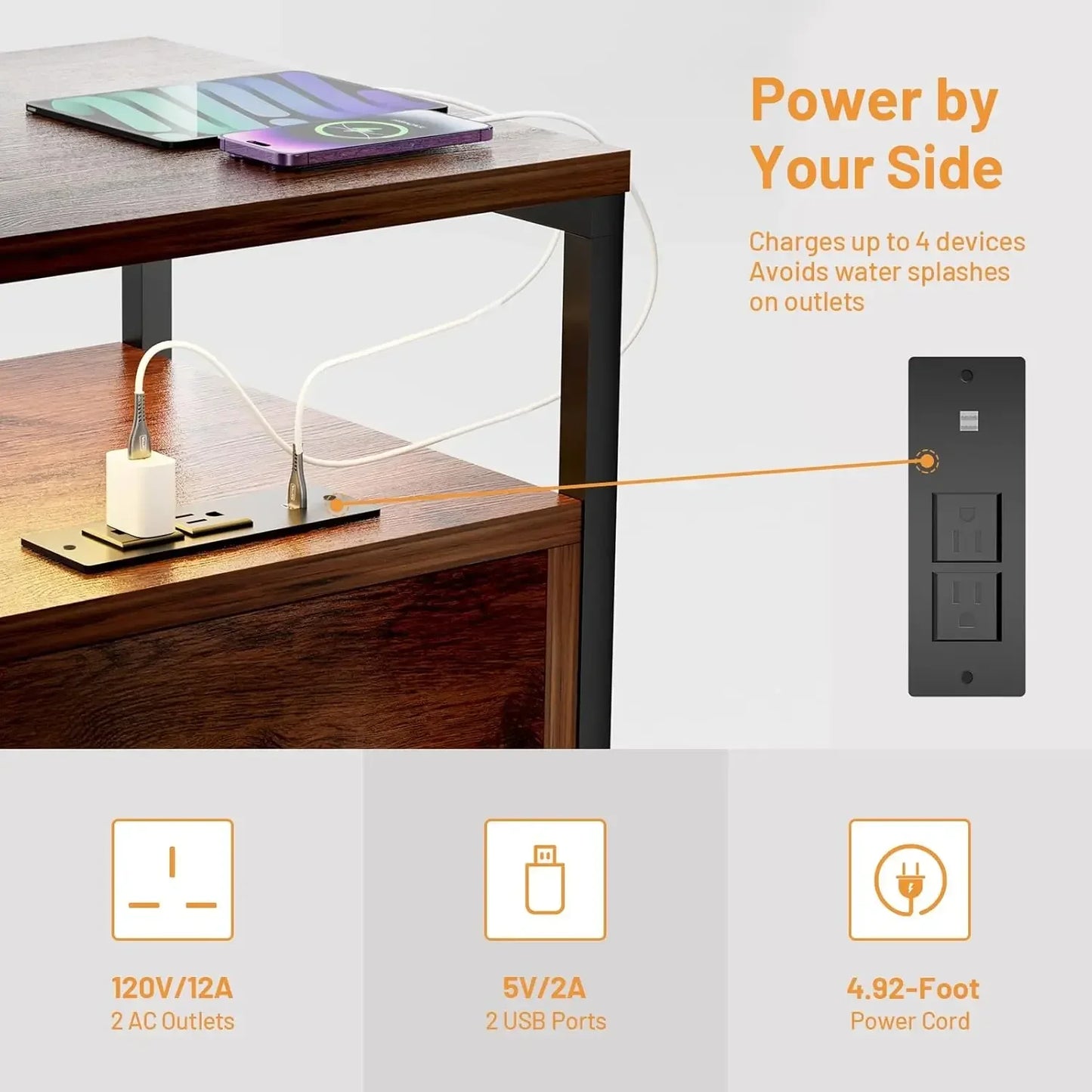 Nightstand with LED Light Charging Station 2 Drawers Rustic Wood Table