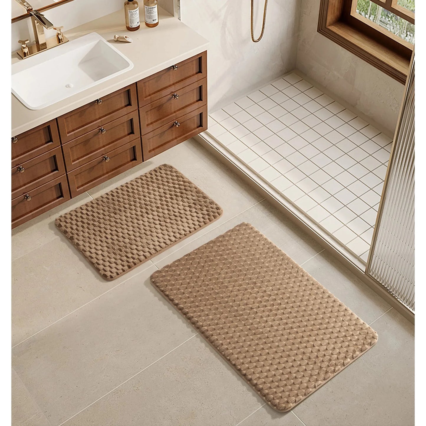 2-Piece Tile Bubble Bath Rug Set Soft Non-Slip Machine Washable