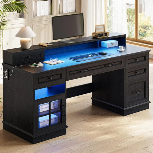 Farmhouse Executive Desk with Drawers LED Lights Power Outlet Storage
