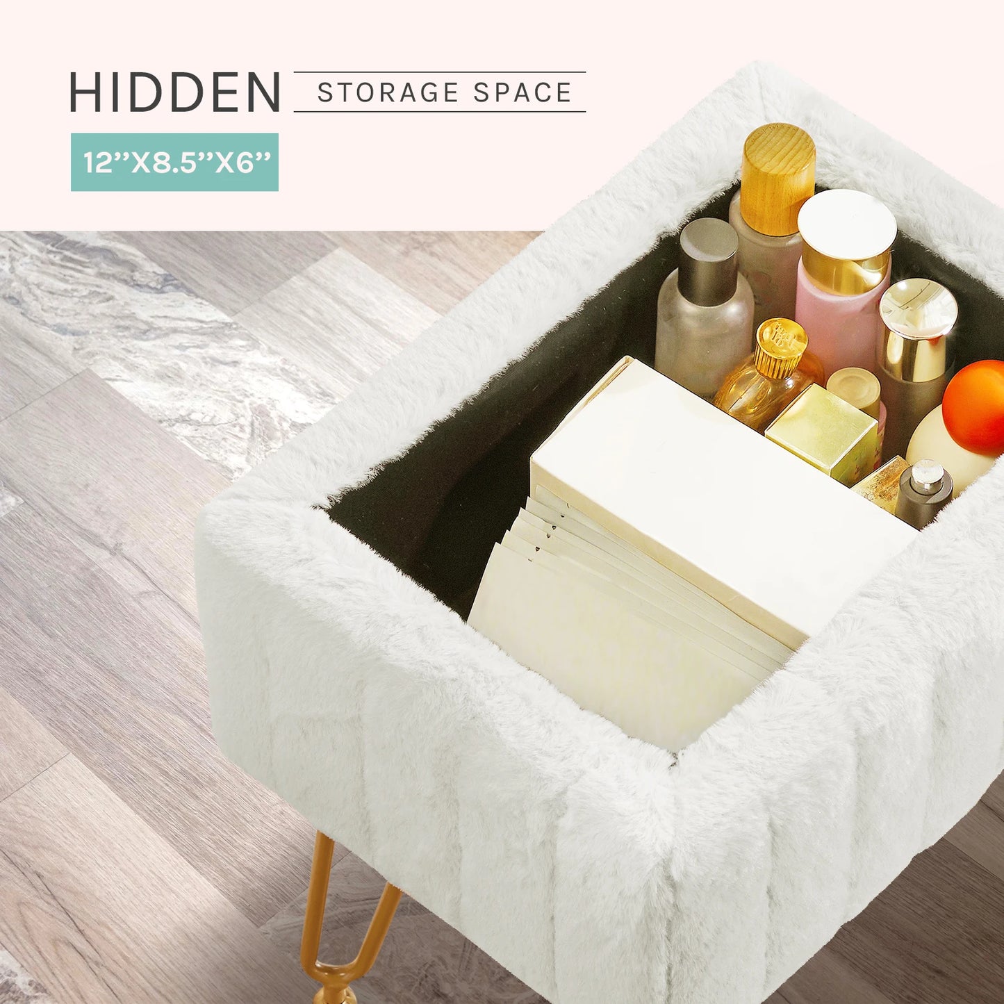 Ljustra Faux Fur Storage Stools Ottomans Padded Living Room Furniture