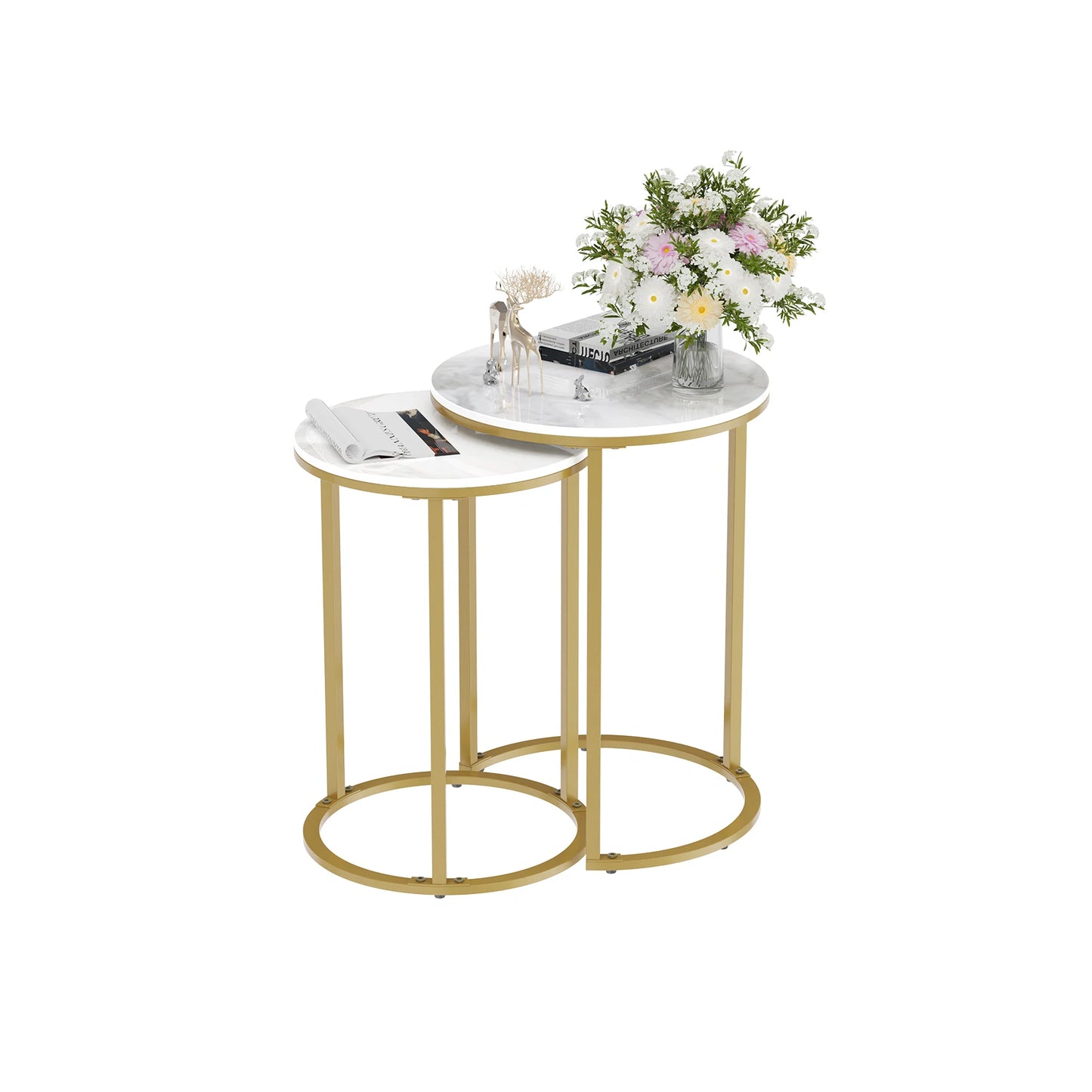 Set of 2 Sintered Stone Round Metal Base Nesting Accent Tables