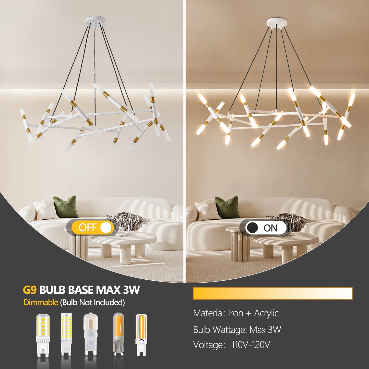 Modern Chandelier Light Branch Design Frosted Tubes Adjustable Pendant