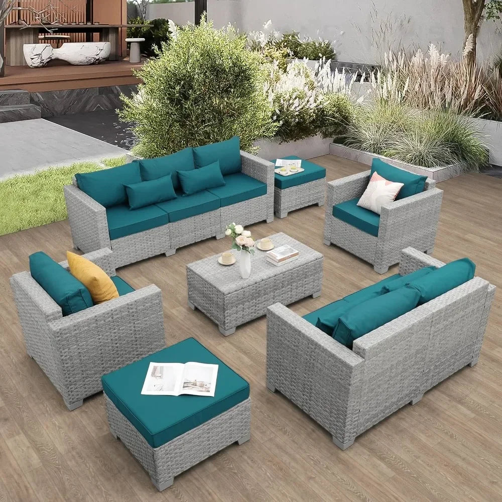 Ljustra 7 Piece Gray Rattan Patio Furniture Set Outdoor Sofa Storage Table