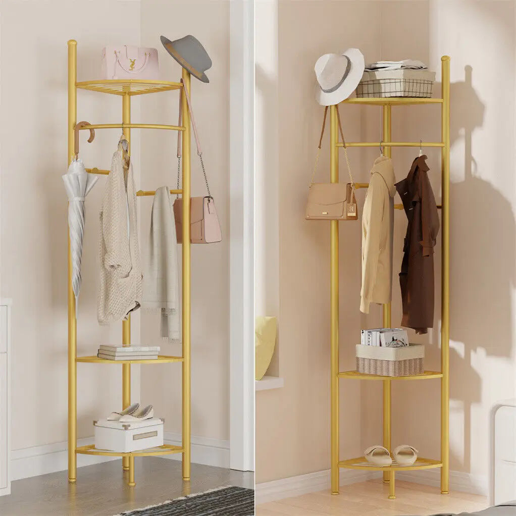 Metal Corner Coat Stand Free Standing Garment Rack with Storage Shelf