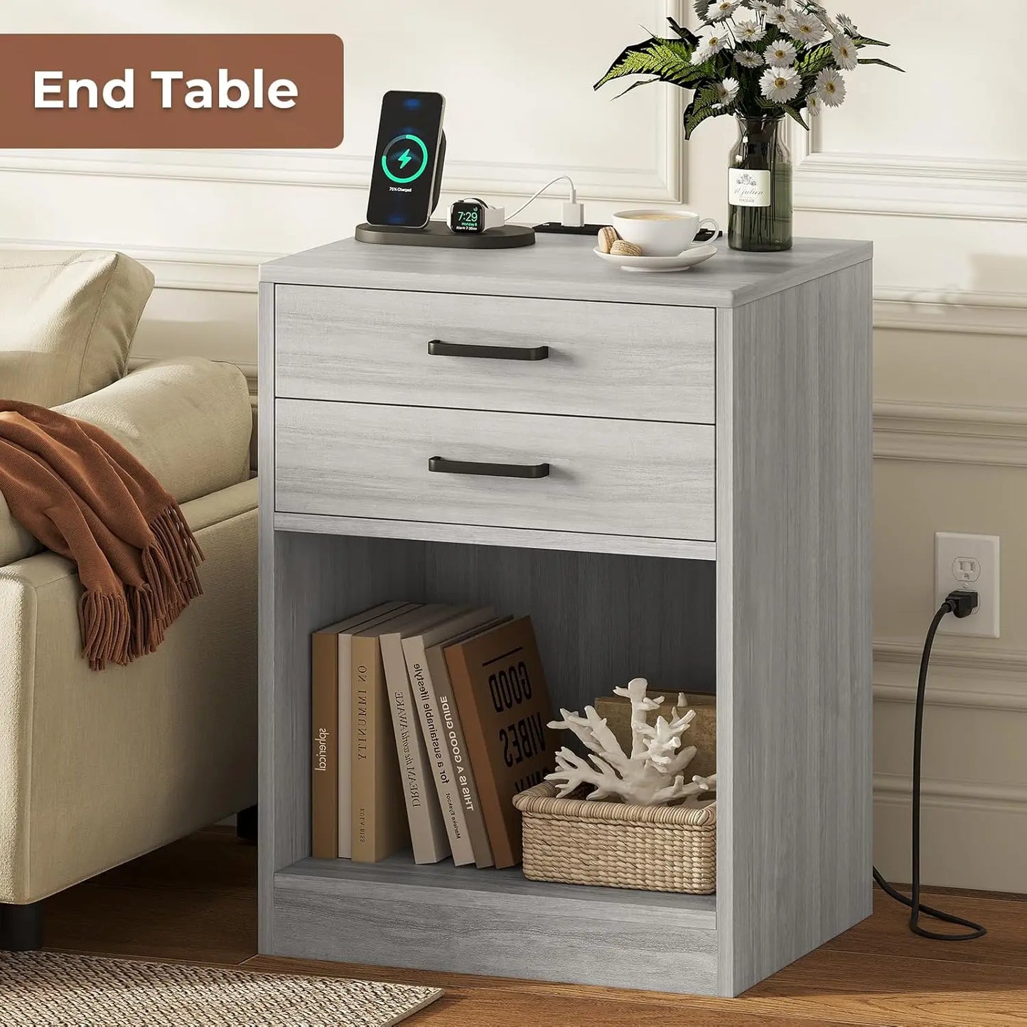 Nightstands Set of 2 with Charging Station and Storage Drawers for Bedroom