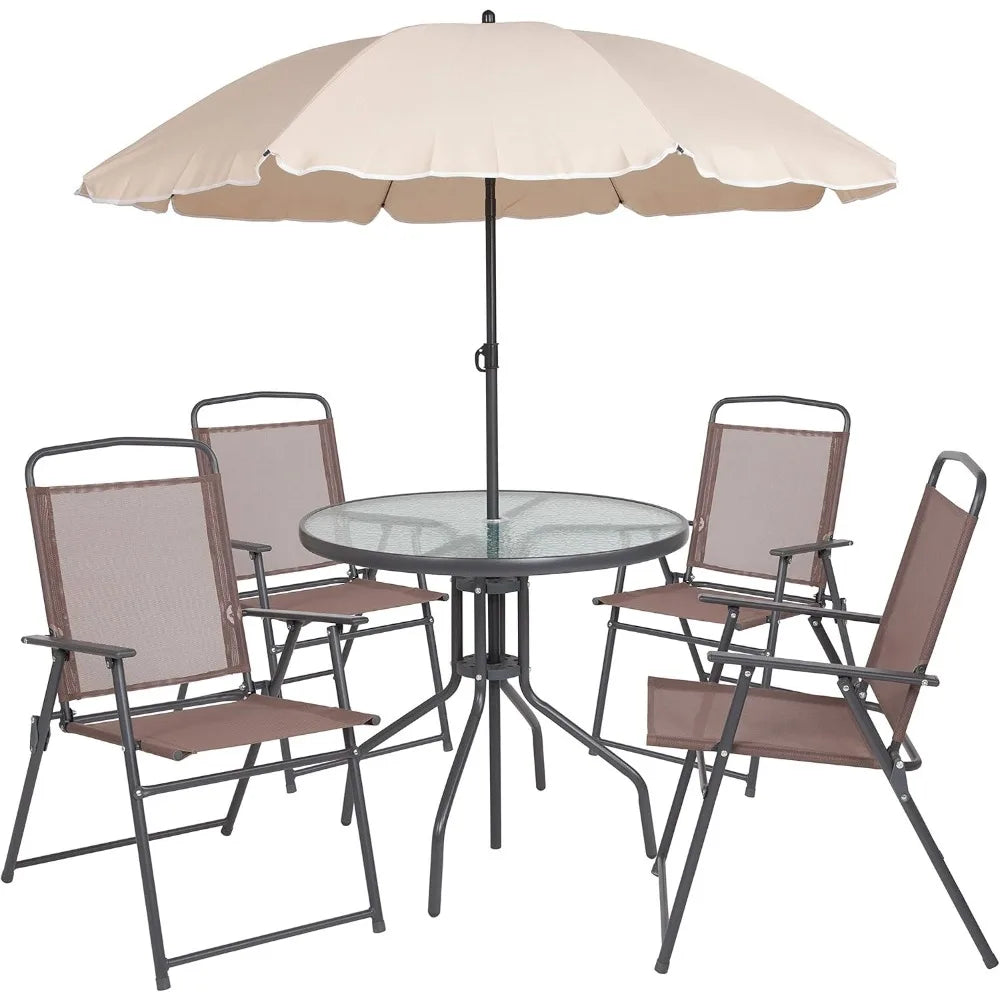 Ljustra 6 Piece Patio Garden Set with Umbrella and 4 Folding Chairs