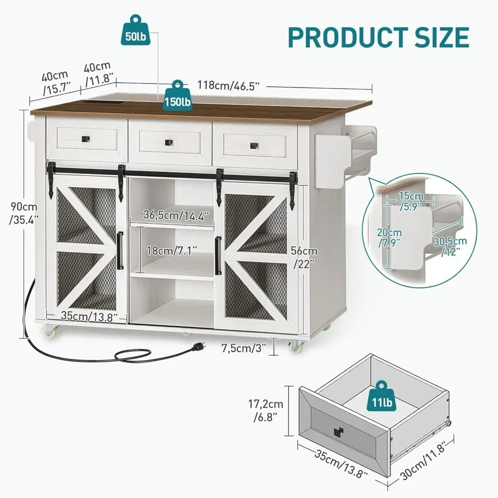 Kitchen Island with Storage Charging Station Rolling Table Drop-Leaf