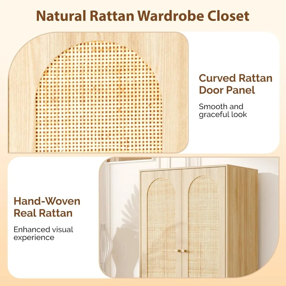 Ljustra Rattan Wardrobe Closet with Doors Drawers Hanging Rod Storage