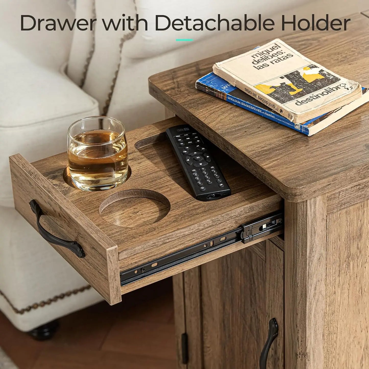 Ljustra Farmhouse End Table with Charging Station Narrow Side Table Storage