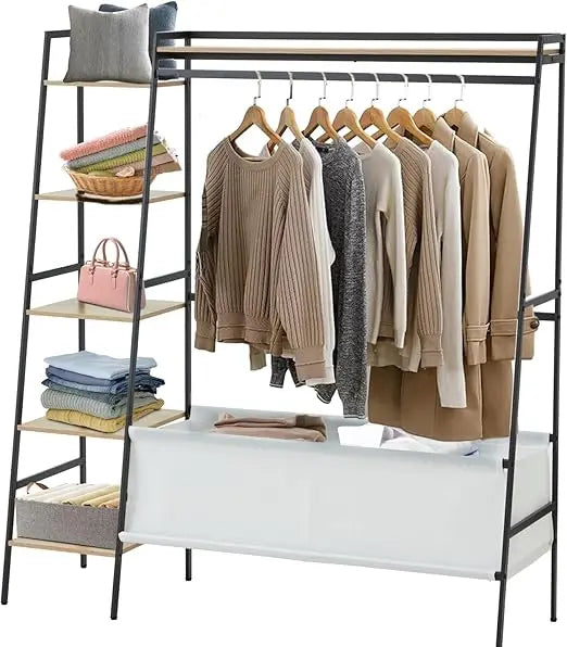 Modern Clothing Rack with Storage Shelves and Bag for Hanging Clothes