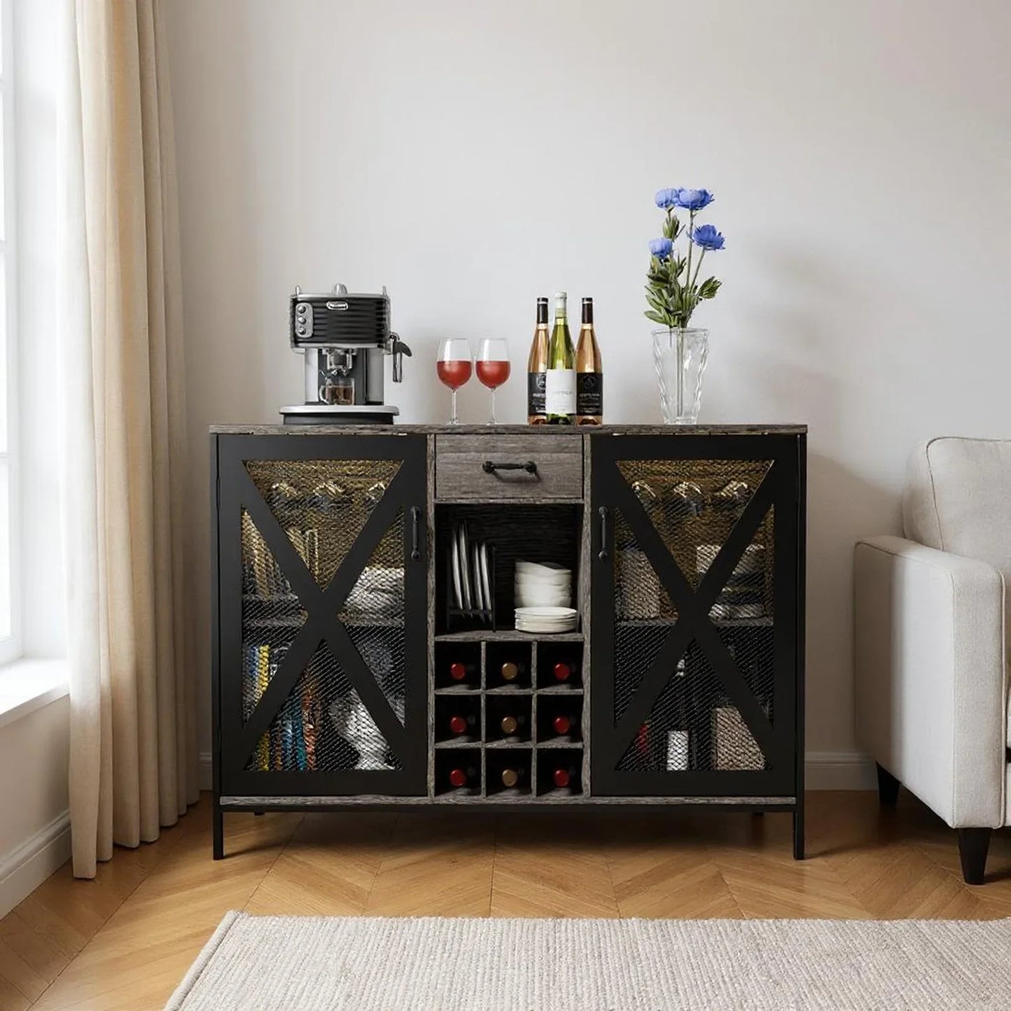 55 Inch Vintage Wooden Bar Cabinet with Drawer for Kitchen Dining Room