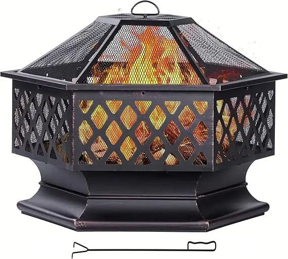 Outdoor Fire Pit Hexagon Wood Burning Patio Bonfire 33 Inch