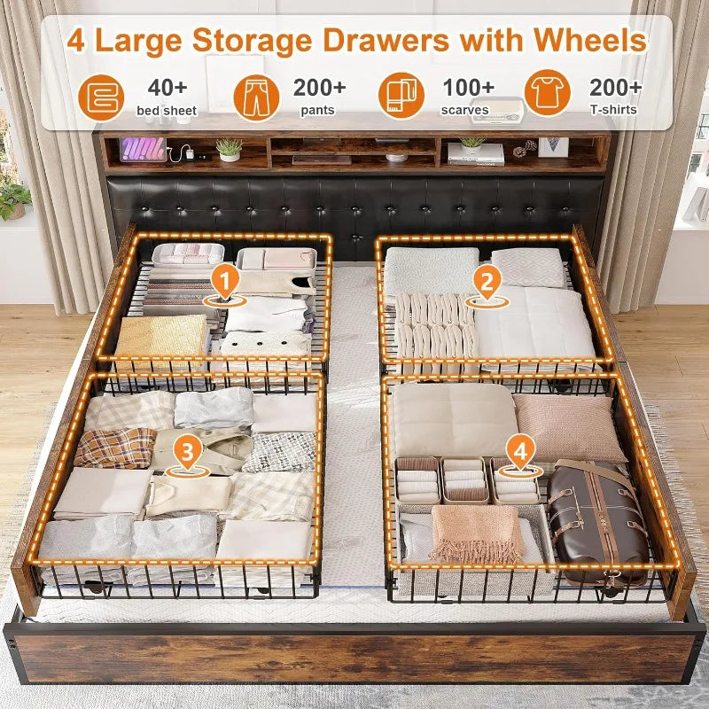 King Size Bed Frame Upholstered Charging Station No Noise Box Spring Needed