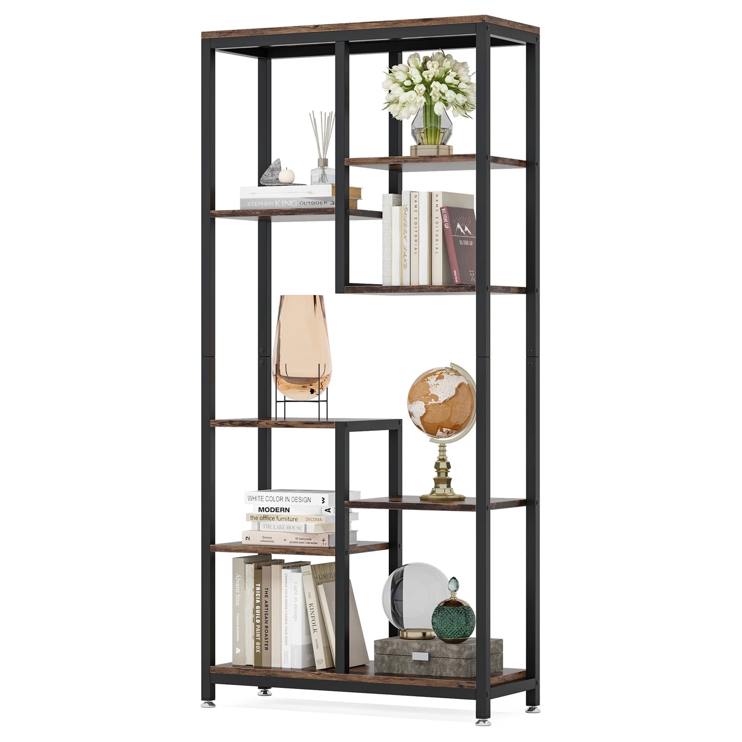 Ljustra Modern 8-Tier Staggered Bookcase Wide Wood Etagere Shelving Unit