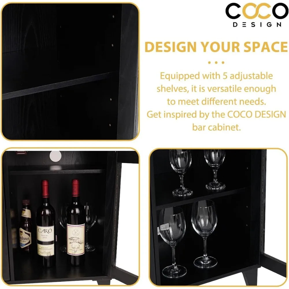Small Black Bar Cabinet Modern Liquor Storage with LED Light Farmhouse Style