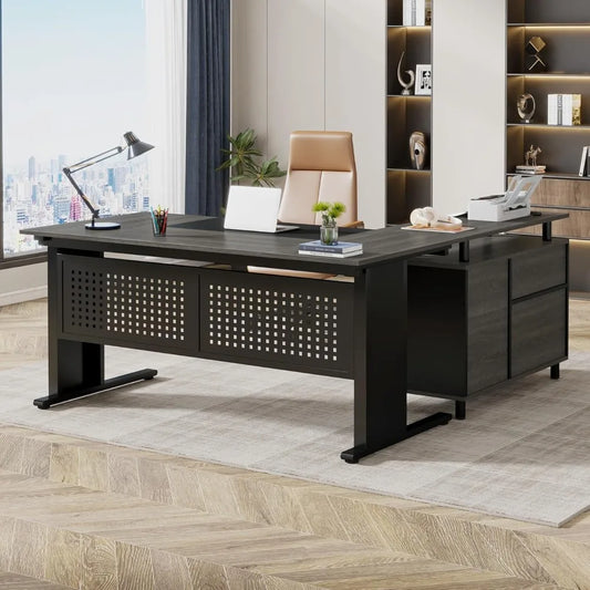 L Shaped Executive Desk with File Cabinet Modern Office Furniture