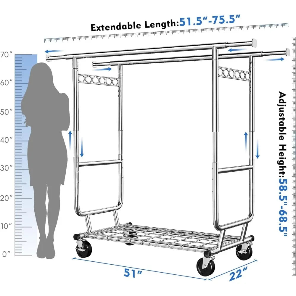 Heavy Duty Adjustable Rolling Clothes Rack 620LBS Portable Storage