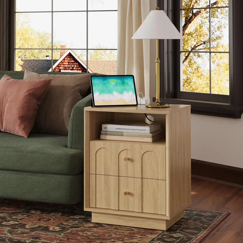Nightstand with Charging Station Mid Century Modern Boho End Table
