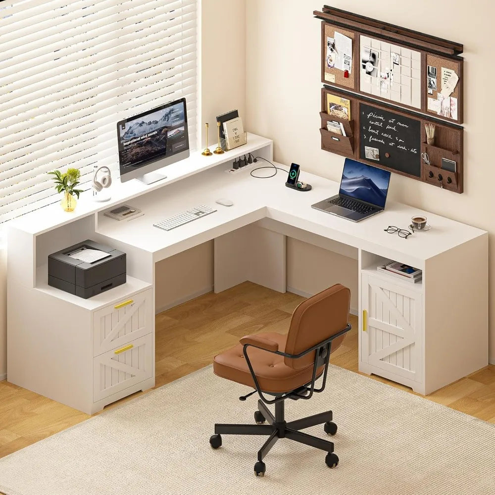 63 Inch L Shaped Executive Desk with Drawers and USB Charging Station