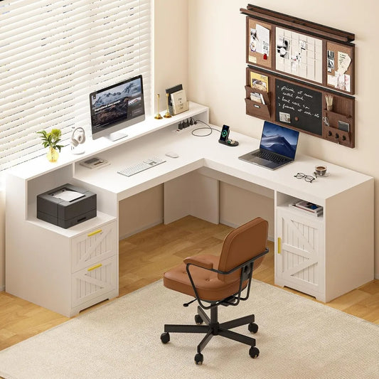 63 Inch L Shaped Executive Desk with Drawers and USB Charging Station