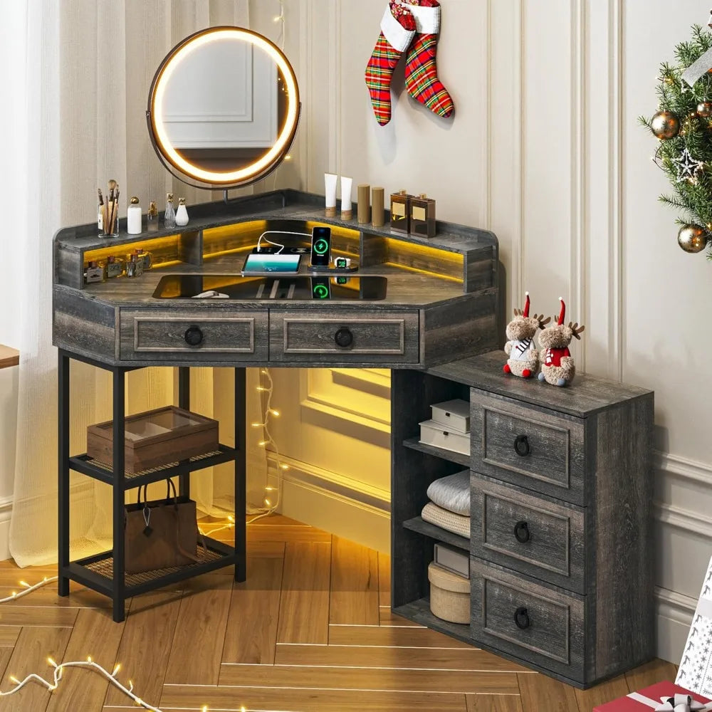Corner Vanity Desk with LED Mirror and Makeup Organizer Charging Station