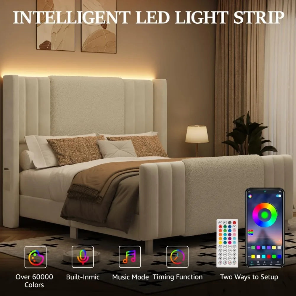 Queen Size Upholstered Bed Frame with LED Lights and Tall Headboard