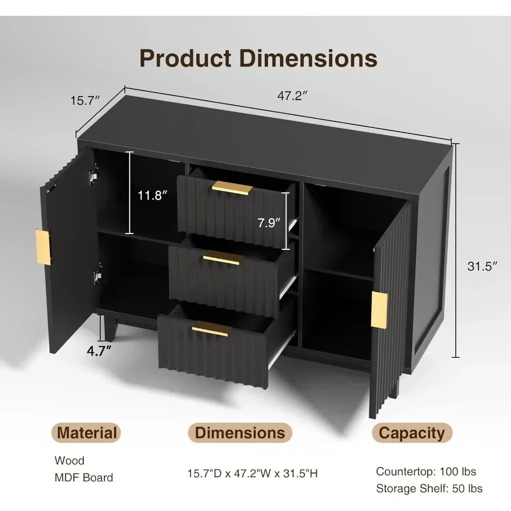 Ljustra Modern Fluted Storage Cabinet Sideboard with 3 Drawers and Doors