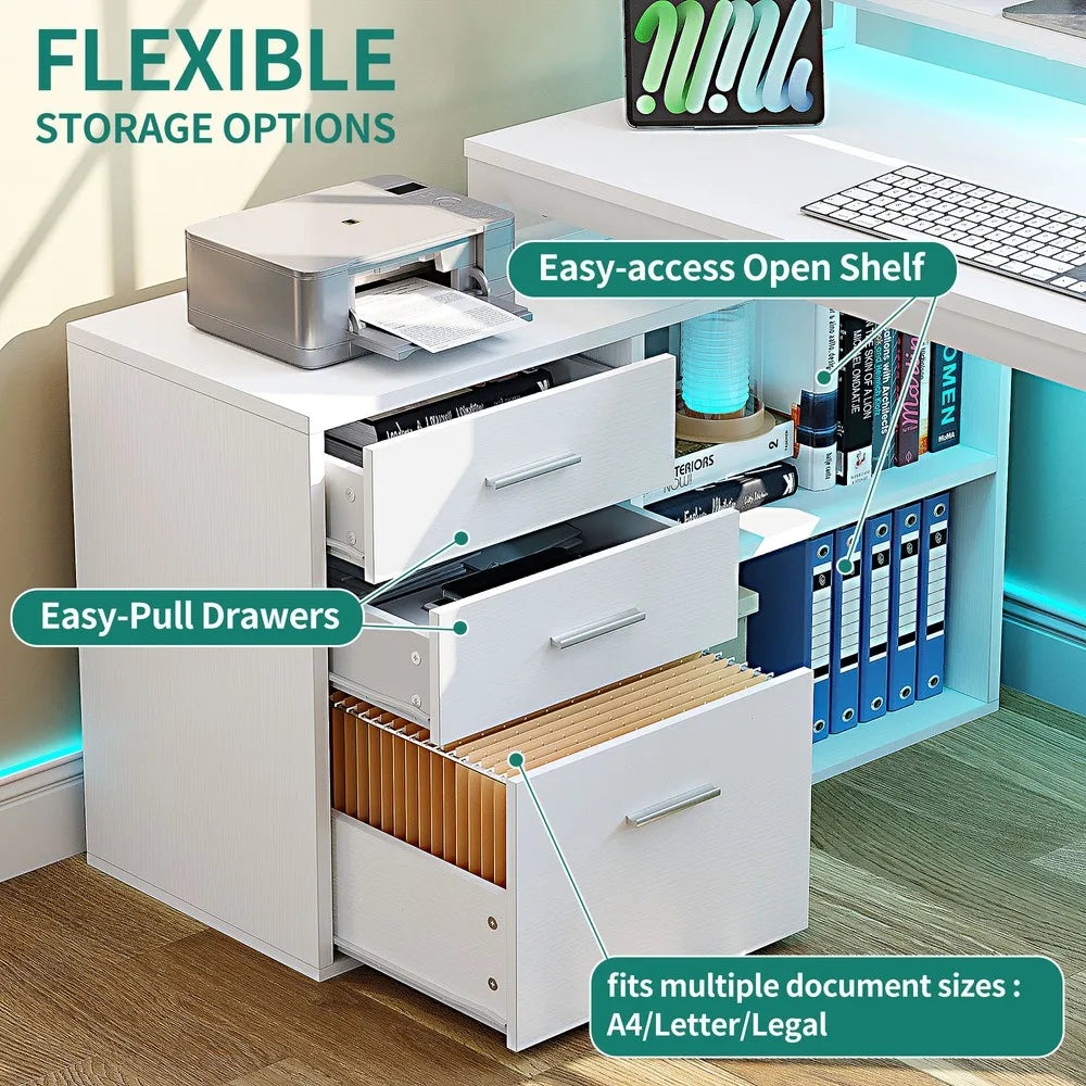 L-Shape Gaming Computer Desk with File Drawers for Home Office