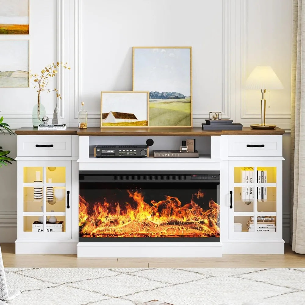 70 Inch Fireplace TV Stand Glass Electric Fireplace Farmhouse Style