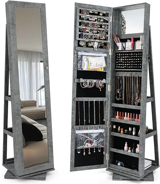 360° Swivel Jewelry Armoire Full Length Mirror Lockable Cabinet Organizer