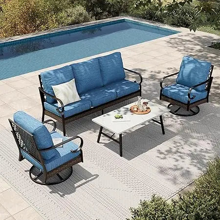 4-Piece Patio Furniture Set Rattan Rocking Chairs Sofa Marble Table