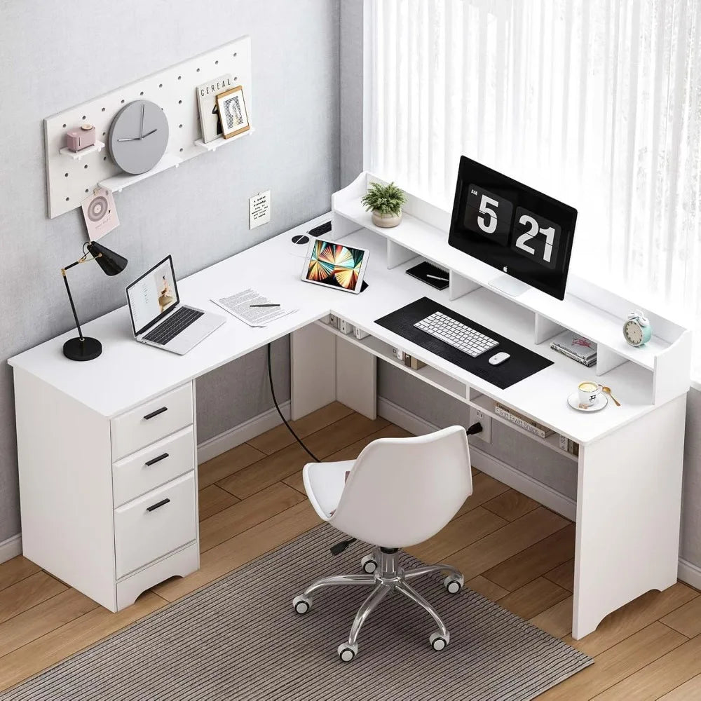 L Shaped Desk with 3 Drawers 60 Inch Corner Desk with Power Outlet