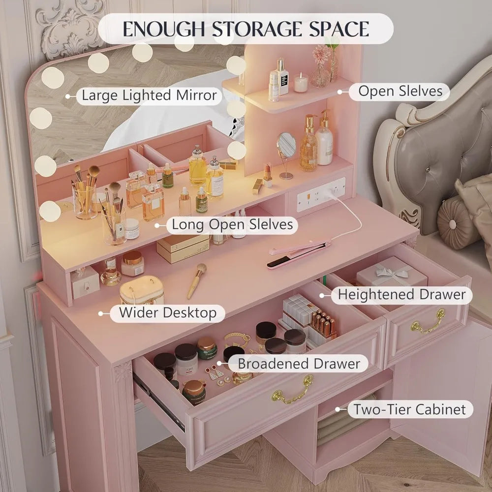 Makeup Vanity Desk with Lighted Mirror and Power Outlet for Bedroom