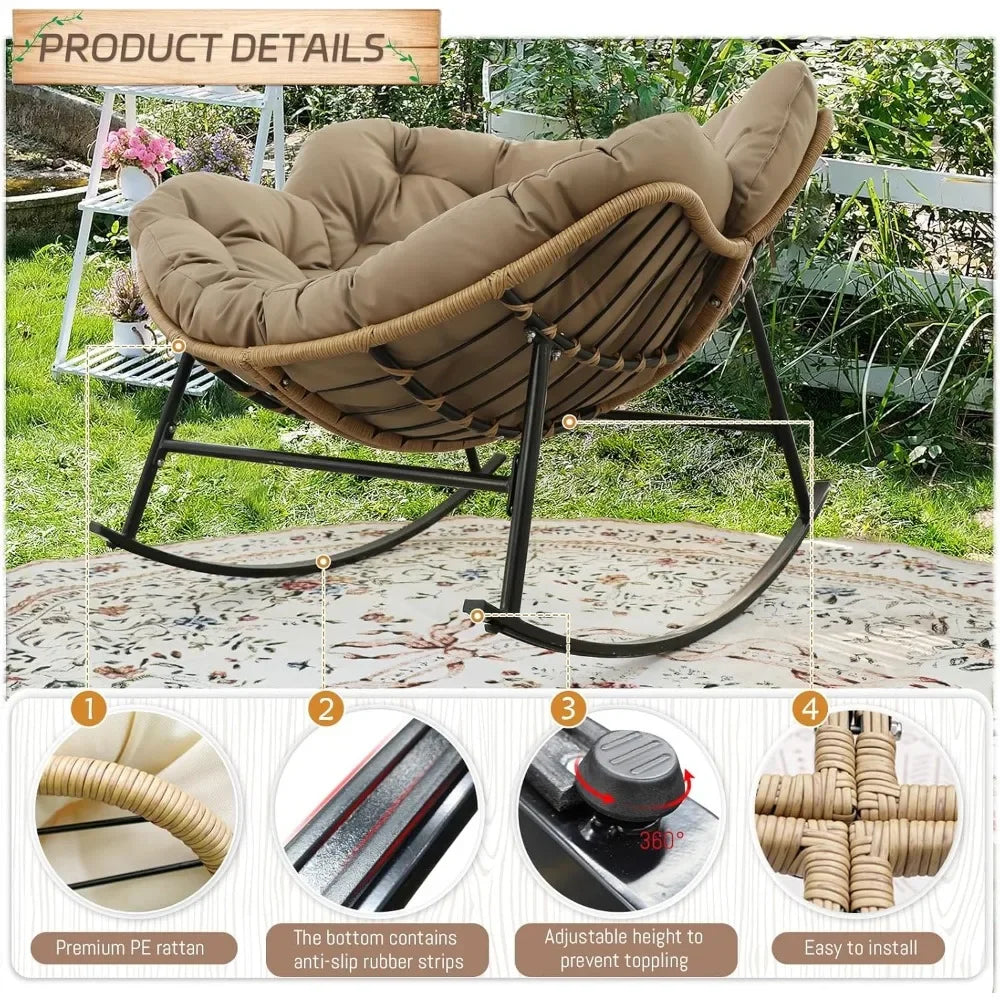 Outdoor Papasan Rocking Chair with Padded Cushion PE Rattan Lounge