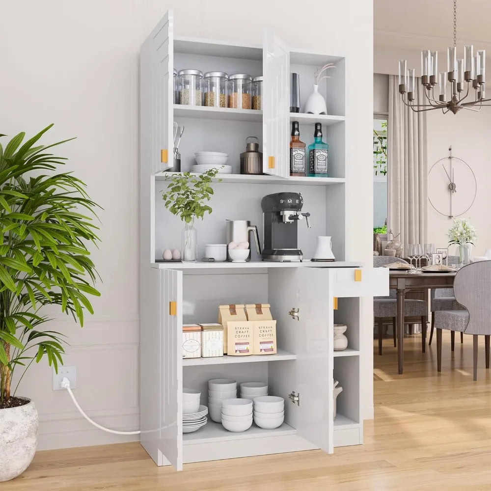 Kitchen Pantry Cabinet with Countertop Power Outlet Adjustable Shelves