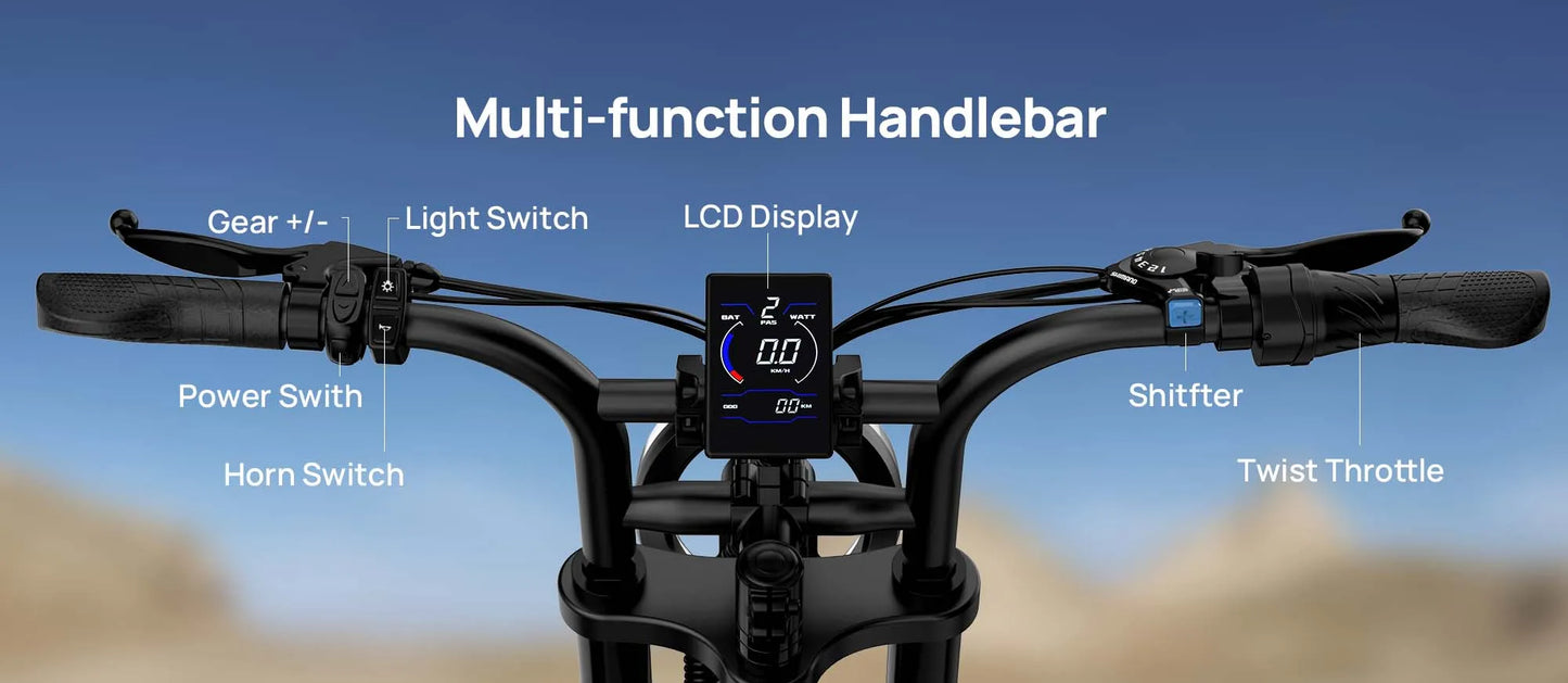 1500W Electric Mountain Bike 48V 100 Mile Range Fat Tire E-Bike