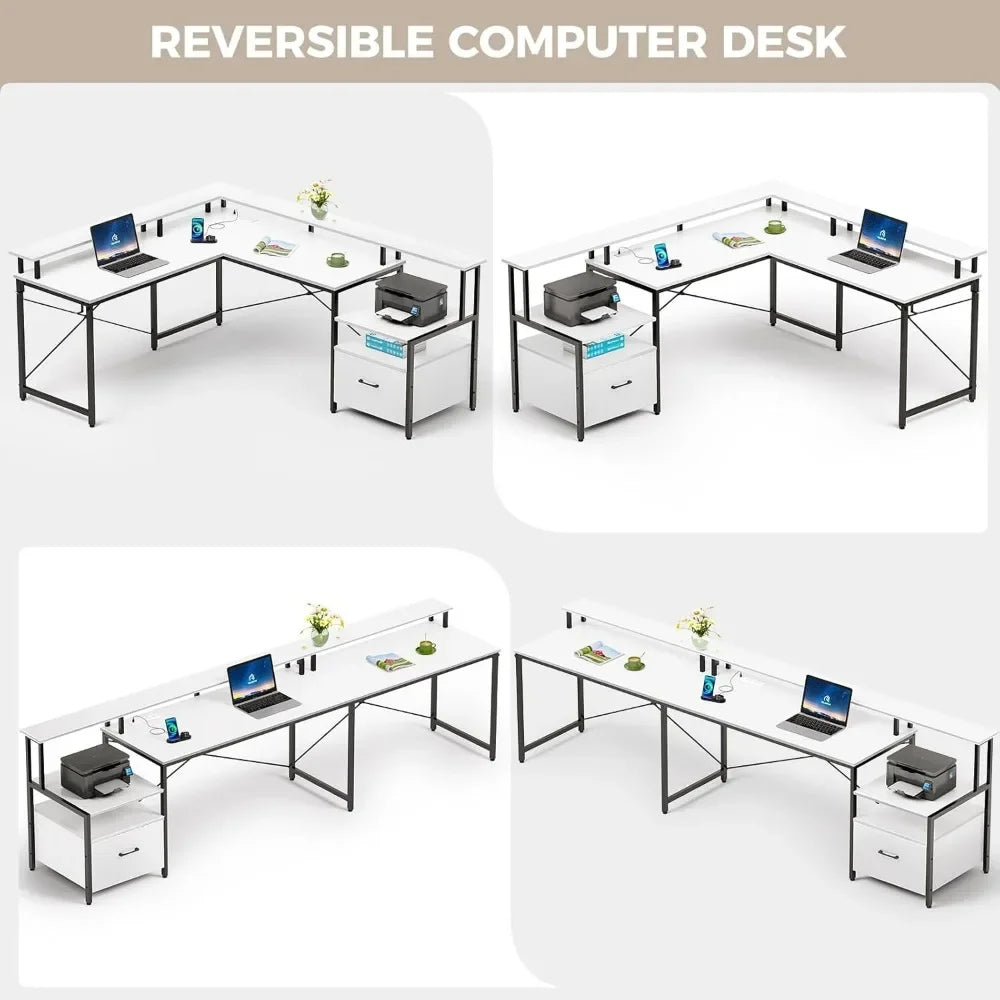 L Shaped Computer Desk with File Drawer Power Outlet LED Strip 64 Inch