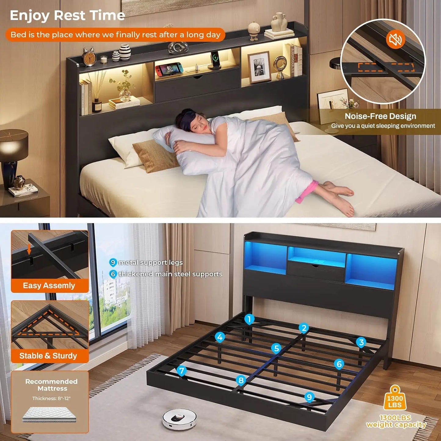 Full Floating Bed Frame with LED Lights Headboard Storage Full Size